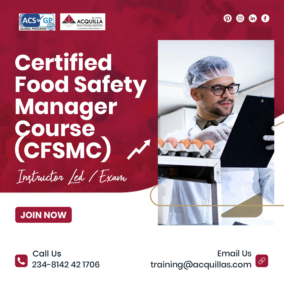 Certified Food Safety Manager Course CFSMC - Certified Food Safety Manager Course (CFSMC) (must have completed CFSSC) - Food Safety - Acquilla Solutions Limited (ASL)