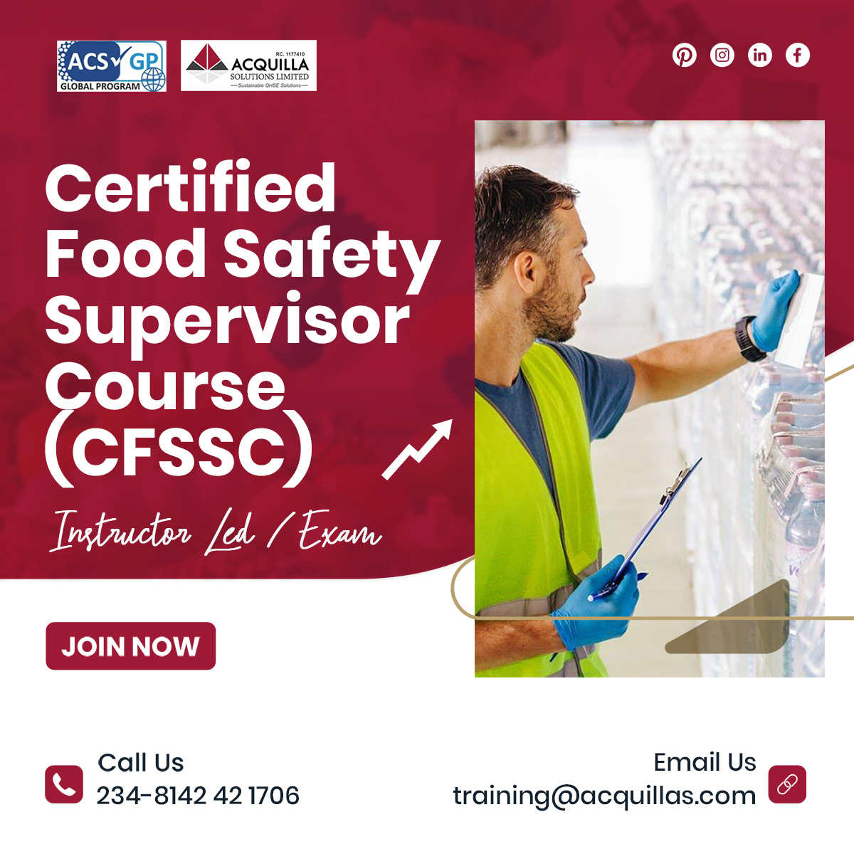 Certified Food Safety Supervisor Course CFSSC - Certified Food Safety Supervisor Course  (CFSSC) (must have completed CFSOC) - Food Safety - Acquilla Solutions Limited (ASL)