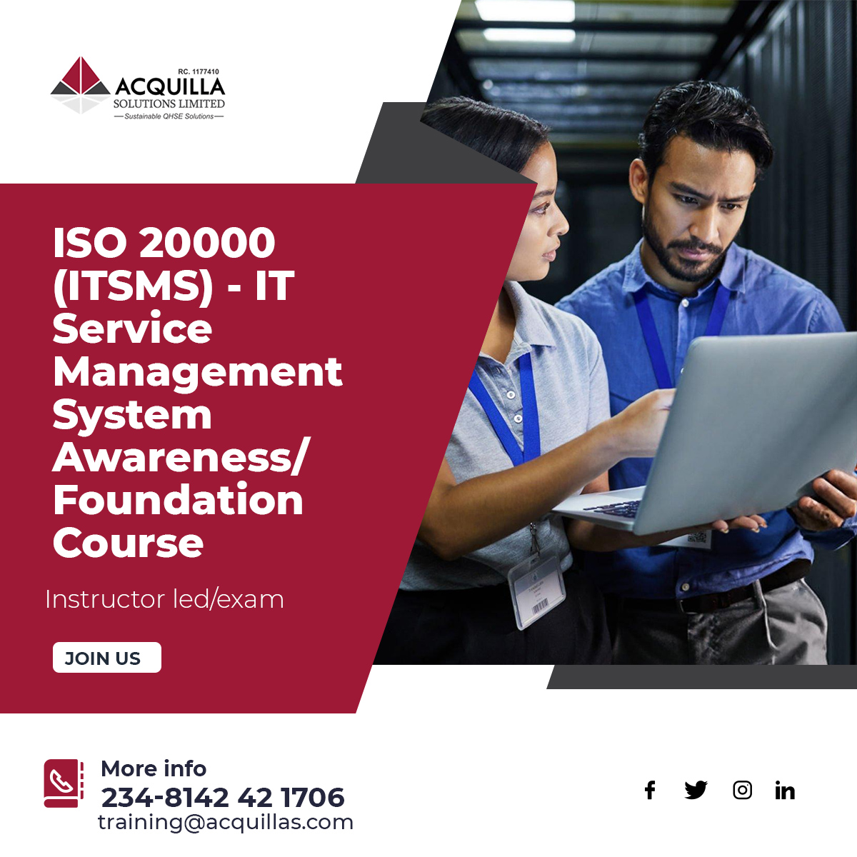ISO 20000 ITSMS IT Service Management System Awareness Foundation Course - ISO 20000 (ITSMS) - IT Service Management System Awareness/Foundation Course - Information Technology & Risk - Acquilla Solutions Limited (ASL)